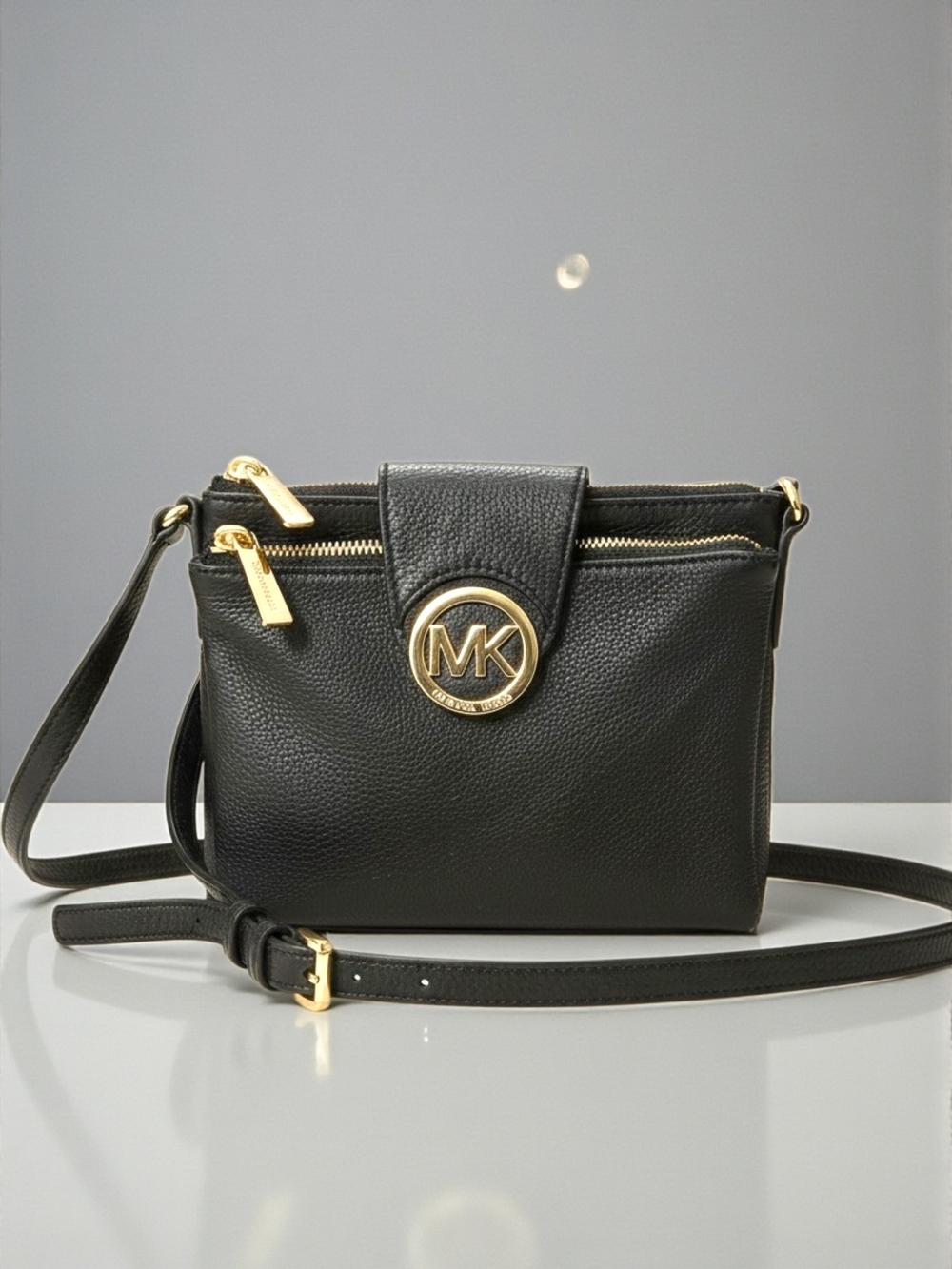 Michael Kors Fulton Double Zip Black Pebbled Leather Crossbody Bag Gold Hardware - Picture 5 of 12
